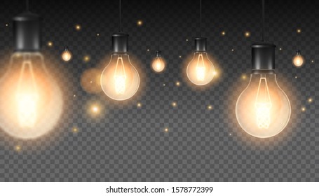 Set of realistic luminous lamps, lamps hanging on a wire. Incandescent lamp.Isolated on a checkered dark background. Vector illustration