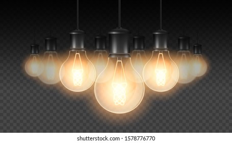 Set of realistic luminous lamps, lamps hanging on a wire. Incandescent lamp.Isolated on a checkered dark background. Vector illustration