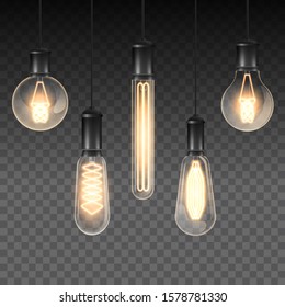 Set of realistic luminous lamps, lamps hanging on a wire. Incandescent lamp.Isolated on a checkered dark background. Vector illustration