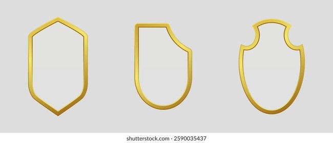 Set of realistic luxurious gold shields in unique shapes, ideal for branding, logos, and decorative designs. High quality vector illustration for modern creative projects