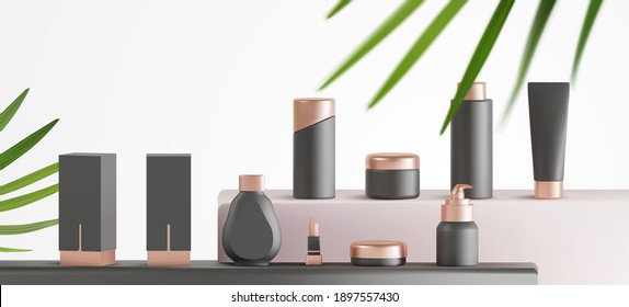 Set Of Realistic Luxury Cosmetic Products Mockup. Beauty Product Container Collection With Natural Tropical Podium Scene Presentation Vector