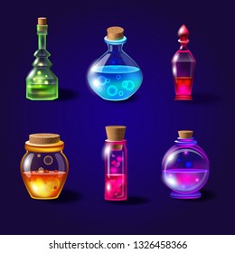 Set of realistic magical bottles with poison. Vector potion bottles set with transparent glass for game interface in fantasy style. Magical liquid potions vector illustration