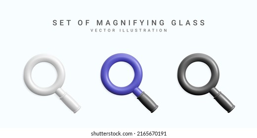 Set of realistic magnifier. 3d volume lens icon collection. Vector illustration