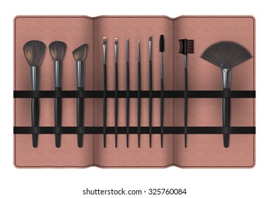 A Set of Realistic Make Up Brushes in a Case Isolated on white background. Vector illustration