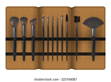 A Set of Realistic Make Up Brushes in a Case Isolated on white background. Vector illustration