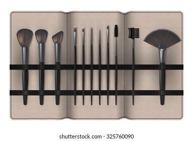 A Set of Realistic Make Up Brushes in a Case Isolated on white background. Vector illustration