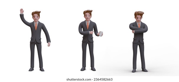 Conjunto de personajes masculinos realistas en diferentes poses. Vector de traje de negocios ondeando, mostrando el smartphone, de pie cuidadoso. Ilustraciones aisladas