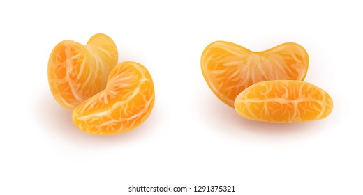 Set of realistic mandarin or tangerine slices. Isolated peeled citrus segments on white background. Orange sections. Photorealistic vector illustration for food packaging.