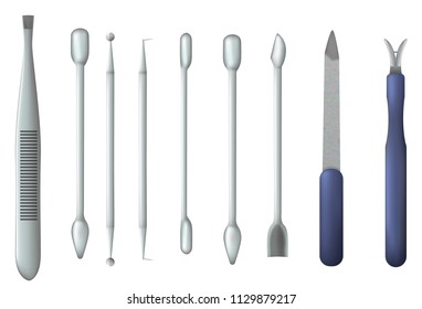 Set of realistic manicure objects. Mesh gradient object ,nail file,clipper, polish, cuticle nipper,pusher, dotting pen. Vector nail care collection. Spa salon.