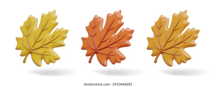 Set of realistic maple leaves of different colors. Yellowed autumn leaves. Isolated textured 3D illustration. Templates for fall design. Seasonal discounts