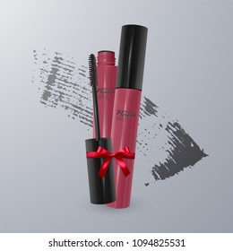 Set of Realistic Mascara and brush stroke, beauty and cosmetic background. Vector eps 10 illustration.