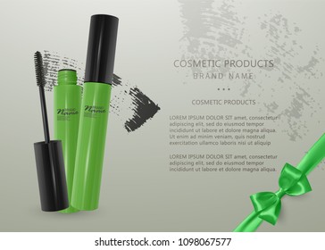 Set of Realistic Mascara and brush stroke, beauty and cosmetic background. Vector eps 10 illustration.