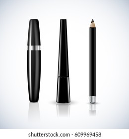 Set of Realistic Mascara, Eye liner and Eye pencil Package Design