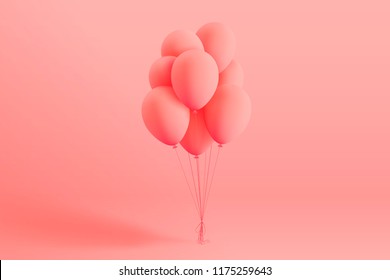 Conjunto de globos realistas de helio flotando sobre fondo rosado. Globos vectoriales 3D para carteles o afiches de cumpleaños, fiesta, boda o promoción. Ilustración vívida en tonos pastel.