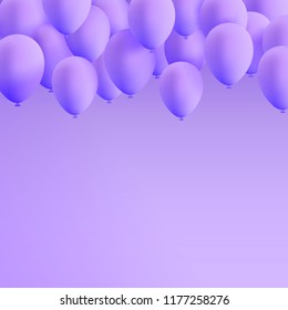 Set of realistic mat helium balloons floating on purple background. Vector 3D balloons for birthday, party, wedding or promotion banners or posters. Vivid illustration in pastel colors.