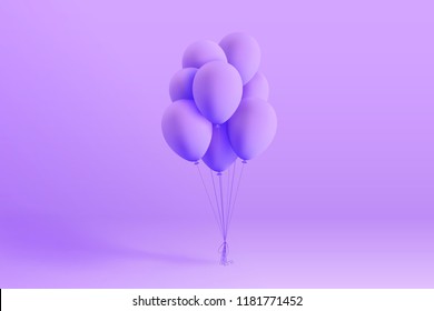 Conjunto de globos realistas de helio flotando sobre fondo morado. Globos vectoriales 3D para carteles o afiches de cumpleaños, fiesta, boda o promoción. Ilustración vívida en tonos pastel.