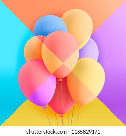 Set of realistic mat helium balloons floating on colorful background. Vector 3D balloons for birthday, party, wedding or promotion banners or posters. Vivid illustration in pastel colors.