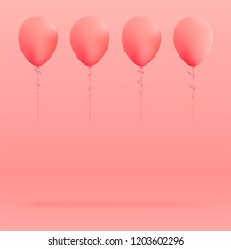 Set of realistic mat helium balloons floating on pink background. Vector 3D balloons for birthday, party, wedding or promotion banners or posters. Vivid illustration in pastel colors.