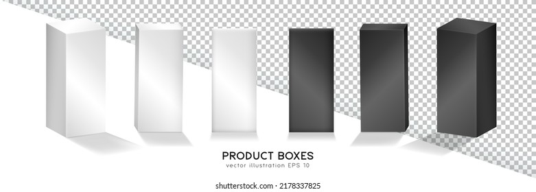 Set of realistic matte black and white product boxes. 3D mockup of six packages in front and isometric view for your design. Blank rectangular shipping cases, cubes, containers template.