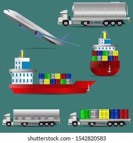 Set of realistic means of transportation and delivery. Air transportation. Transportation by trucks. Cargo transportation by water. Water container ship