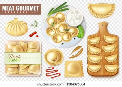 Set of realistic meat gourmet food on transparent background with isolated images of dumplings and ravioli vector illustration