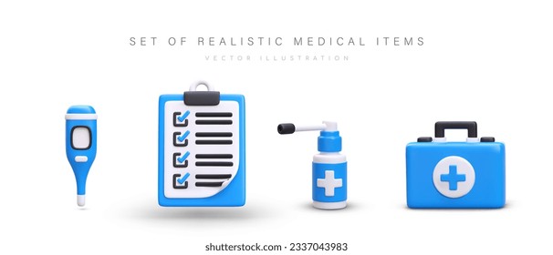 Conjunto de accesorios médicos realistas. Termómetro azul, portapapeles, pulverización de garganta, kit de primeros auxilios. Monitorización del estado del paciente. Adhesión al protocolo de tratamiento. Iconos vectoriales de color aislado