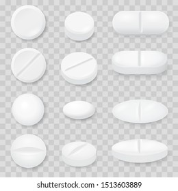 Set of realistic medicine pills and tablets isolated on transparent background - vector design elements