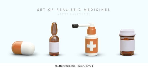 Set of realistic medicines in different packaging. Capsule, ampoule, spray, jar with pills. Isolated elements with blank labels. Brown and white vector icons