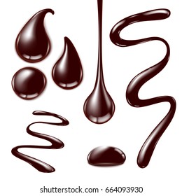 Set of realistic melted chocolate drops isolated illustration