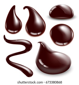 Set of realistic melted chocolate drops isolated illustration.