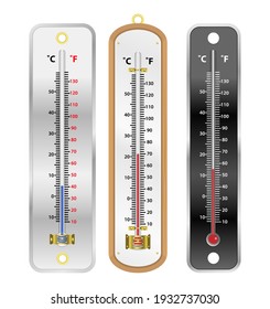 set of realistic mercury thermometer isolated illustration or room temperature thermometer indoor and outdoor concept. eps 10 vector