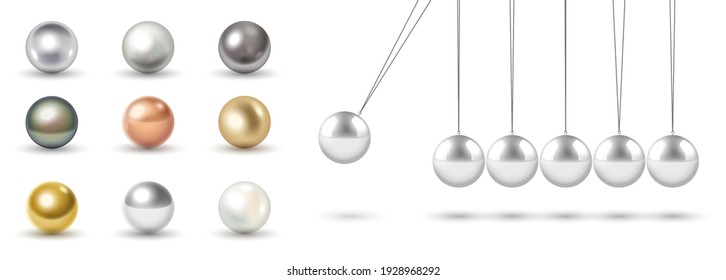 Set of realistic metal balls, glossy chrome, golden and bronze spheres, white pearls and Newton cradle on white background. 3d vector illustration