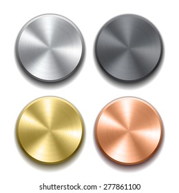 Set of realistic metal buttons with circular processing. Vector illustration