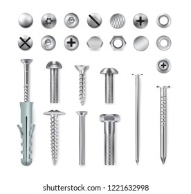 Set of realistic metal fastening items screws bolts nuts nails isolated on white background vector illustration