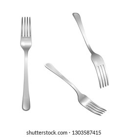 Set of realistic metal forks from different points of view. 3d realism. Vector stainless steel cutlery illustration isolated on white background.