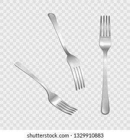 Set of realistic metal forks from different points of view. 3d realism. Vector stainless steel cutlery illustration isolated on transparent background.