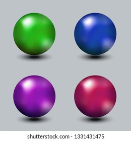 Set of realistic metal or glass bright color spheres, red, blue, green vector balls.
