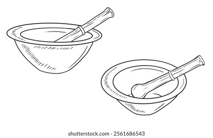 Set of realistic metal pestle and mortar in bowl for poppy seed spices grinding. Hand drawn vector sketch illustration engraving doodle outline vintage line art style. Cuisine cooking preparation