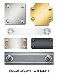 Set of realistic metal plates of various shape and color with fasteners isolated vector illustration