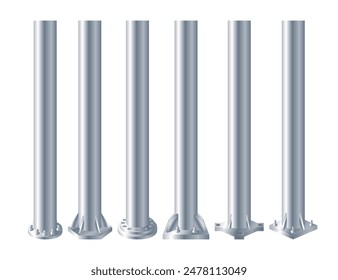 Set of realistic metal pole pillars. Steel pipes bolted on different base. Glossy Steel vertical cylinder footings for road sign, banner, billboard, steel construction column, vector illustration.