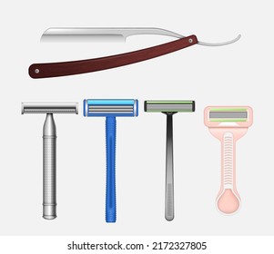 Set of realistic metal razors for shaving. Sharp shave plastic and retro equipment for hygiene or hairstyle for male and female isolated on white. Beard haircut accessory. Vector illustration