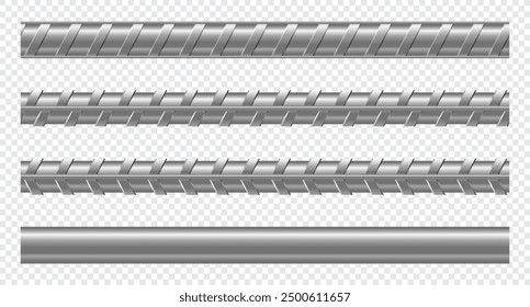 Set of realistic metal rods and bars. Collection metal rebars. Seamless steel rebars. Metal rod. Vector illustration