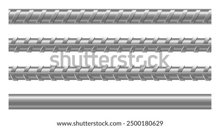Set of realistic metal rods and bars. Collection metal rebars. Seamless steel rebars. Metal rod. Vector illustration