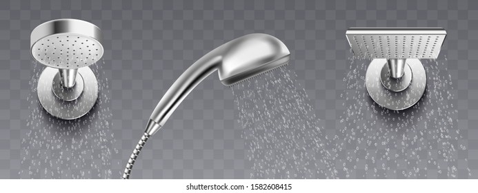 A set of realistic metal shower heads for the bathroom. Water and liquid pours from the shower heads to wash. Realistic vector illustration on a transparent background.