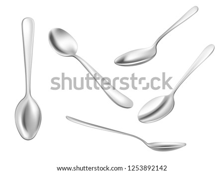 Set of realistic metal spoons from different points of view. 3d realism. Vector teaspoon illustration isolated on white background.