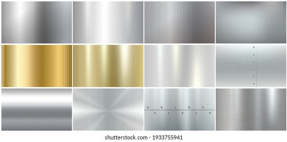 Set of realistic metal textures: brushed steel, silver and golden surfaces templates. Collection of glossy chrome gradient panels. Vector illustration