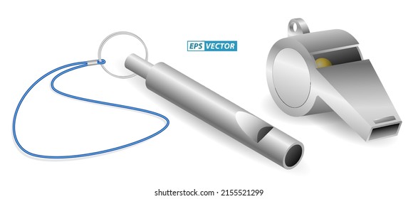 conjunto de tallo metálico realista aislado o silbato deportivo para el concepto de entrenador o entrenador o equipo deportivo. vector de pasos