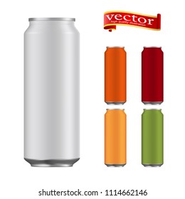 Set of realistic metallic, aluminum red, green, orange, burgundy and blank cans 500 ml for beer, juice, soda, lemonade, ready for new design. Isolated vector illustration