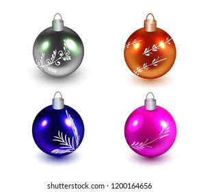 Set of Realistic Metallic Balls of different colors with decor. Isolated. Vector beautiful holiday decorative elements, shiny festive gift decorations.