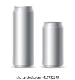 Set of realistic metallic beer cans. Blank beer cans, ready for new design. 500 and 300 ml. Isolated vector illustration